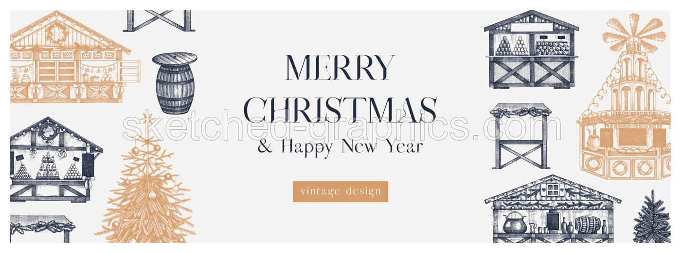 Christmas market background. Hand drawn vector illustration. European holiday marketplace banner design.. Christmas tree, wooden stall kiosk, candy shop, bakery, mulled wine sketches  Illustration